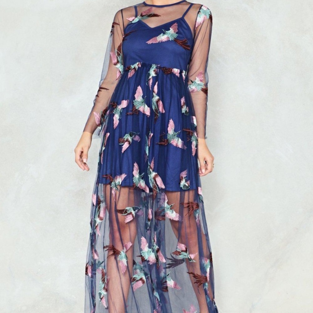 Bird motif sheer overlay blue dress